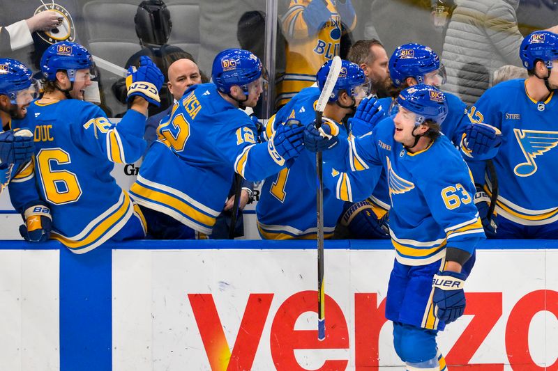 Nov 30, 2024; St. Louis, Missouri, USA;  St. Louis Blues left wing Jake Neighbours (63) celebrates with teammates after scoring the game tying goal against the Philadelphia Flyers during the third period at Enterprise Center. Mandatory Credit: Jeff Curry-Imagn Images