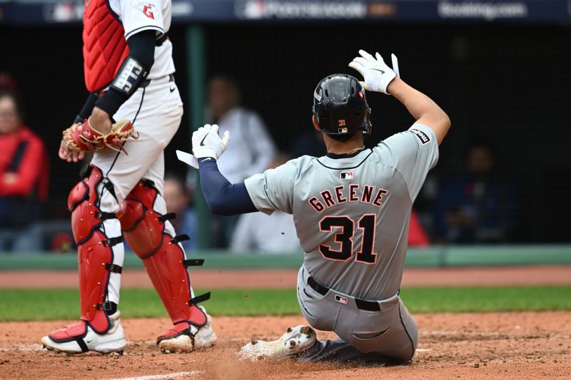 Oct 12, 2024; Cleveland, Ohio, USA; Detroit Tigers outfielder Riley Greene (31) scores run in the seventh inning against the Cleveland Guardians during game five of the ALDS for the 2024 MLB Playoffs at Progressive Field. Mandatory Credit: Ken Blaze-Imagn Images