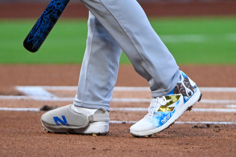 Aug 16, 2024; St. Louis, Missouri, USA;  A detailed view of Los Angeles Dodgers designated hitter Shohei Ohtani (17) shoes during the first inning against the St. Louis Cardinals at Busch Stadium. Mandatory Credit: Jeff Curry-USA TODAY Sports