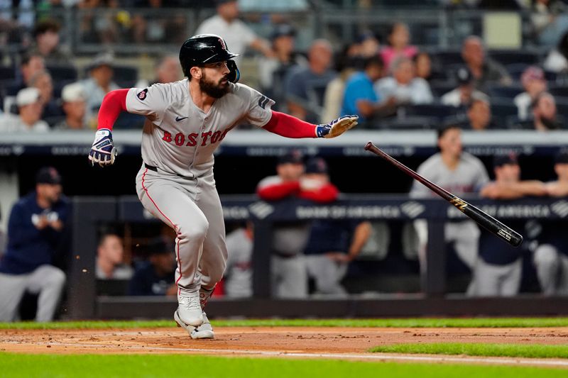 Sep 12, 2024; Bronx, New York, USA; Boston Red Sox first baseman Connor Wong (12) runs out a double against the New York Yankees during the second inning at Yankee Stadium. Mandatory Credit: Gregory Fisher-Imagn Images