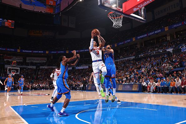 OKLAHOMA CITY, OK - DECEMBER 27: Josh Hart #3 of the New York Knicks shoots the ball during the game against the Oklahoma City Thunder on December 27, 2023 at Paycom Arena in Oklahoma City, Oklahoma. NOTE TO USER: User expressly acknowledges and agrees that, by downloading and or using this photograph, User is consenting to the terms and conditions of the Getty Images License Agreement. Mandatory Copyright Notice: Copyright 2023 NBAE (Photo by Zach Beeker/NBAE via Getty Images)