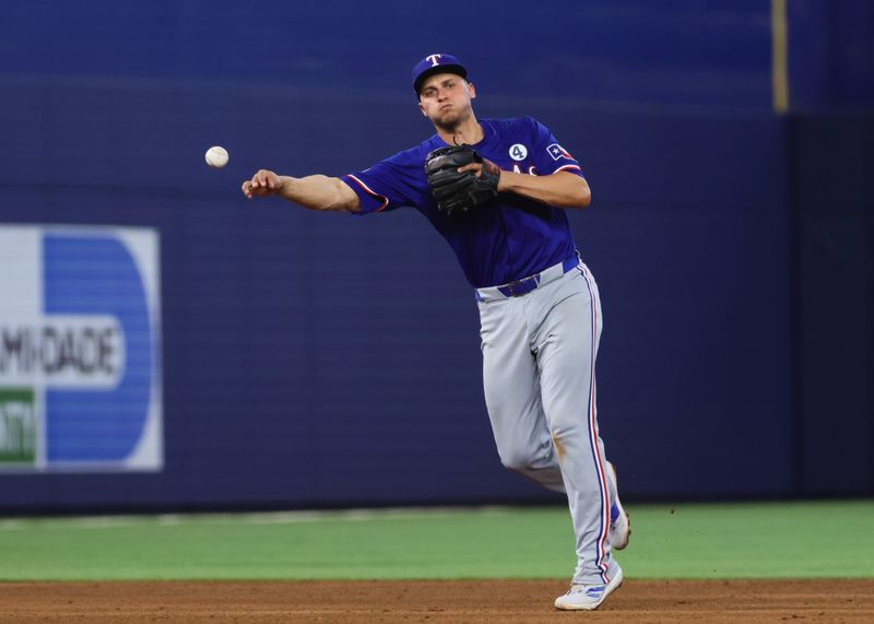 Jun 2, 2024; Miami, Florida, USA; Texas Rangers shortstop Corey Seager (5) throws to first base against the Miami Marlins during the seventh inning at loanDepot Park. Mandatory Credit: Sam Navarro-USA TODAY Sports