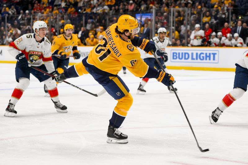 Feb 25, 2025; Nashville, Tennessee, USA; Nashville Predators center Jonathan Marchessault (81) takes a shot on goal against the Florida Panthers during the first period at Bridgestone Arena. Mandatory Credit: Steve Roberts-Imagn Images