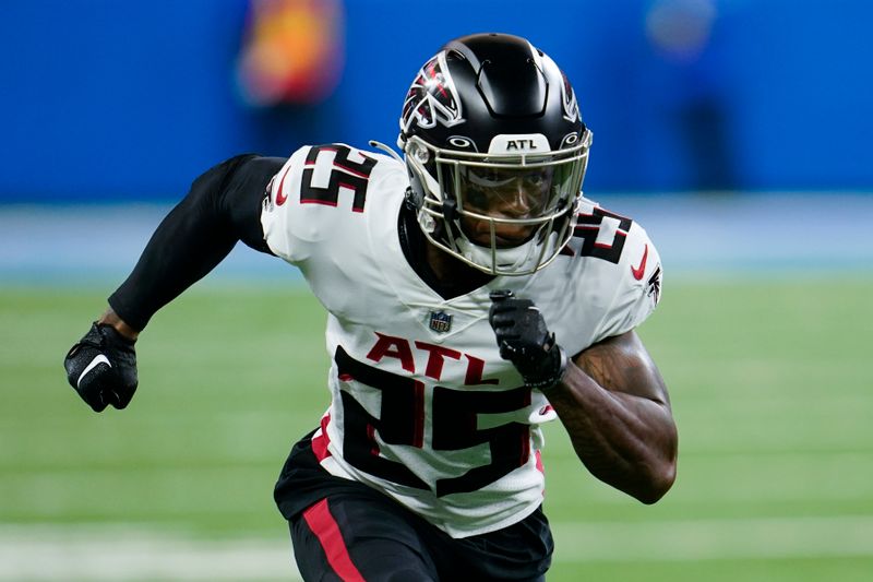 Atlanta Falcons cornerback Cornell Armstrong (25) plays against the Detroit Lions during a preseason NFL football game in Detroit, Friday, Aug. 12, 2022. (AP Photo/Paul Sancya)