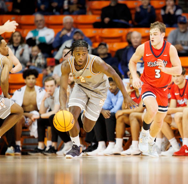 Feb 3, 2024; El Paso, Texas, USA; UTEP Miners guard Tae Hardy (2) dribbles the ball against the Liberty University Flames in the second half at Don Haskins Center. Mandatory Credit: Ivan Pierre Aguirre-USA TODAY Sports