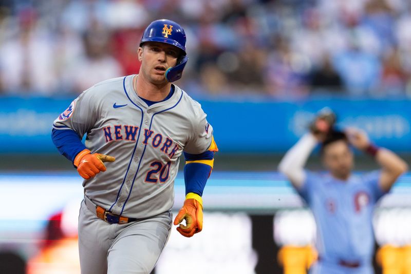 May 16, 2024; Philadelphia, Pennsylvania, USA; New York Mets first base Pete Alonso (20) runs the bases after solo hitting a home run during the first inning against the Philadelphia Phillies at Citizens Bank Park. Mandatory Credit: Bill Streicher-USA TODAY Sports