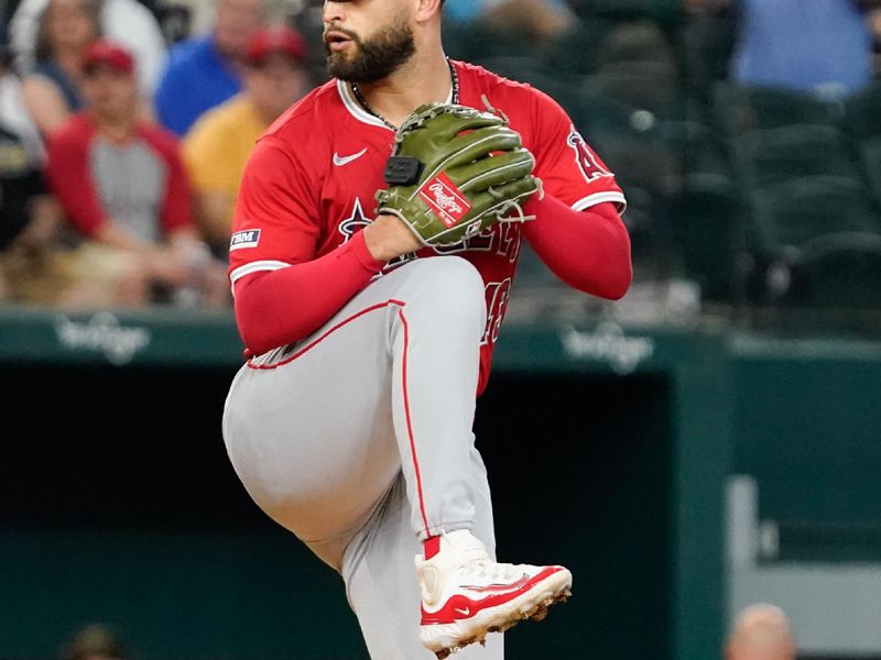 May 18, 2024; Arlington, Texas, USA; Los Angeles Angels starting pitcher Patrick Sandoval (43) throws to the plate during the first inning against the Texas Rangers at Globe Life Field. Mandatory Credit: Raymond Carlin III-USA TODAY Sports