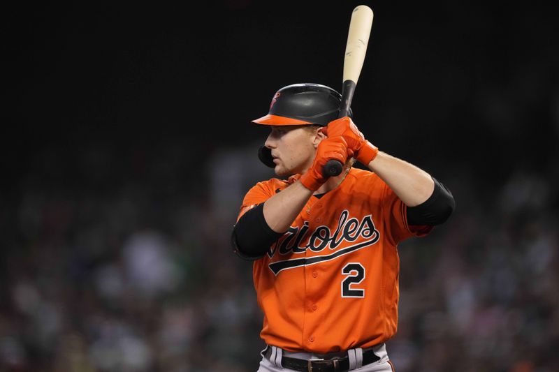 Sep 2, 2023; Phoenix, Arizona, USA; Baltimore Orioles third baseman Gunnar Henderson (2) bats against the Arizona Diamondbacks during the third inning at Chase Field. Mandatory Credit: Joe Camporeale-USA TODAY Sports