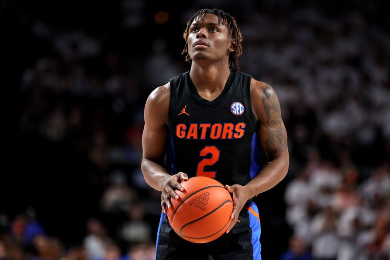 Jan 18, 2023; College Station, Texas, USA; Florida Gators guard Trey Bonham (2) takes a free-throw against the Texas A&M Aggies during the first half at Reed Arena. Mandatory Credit: Erik Williams-USA TODAY Sports
