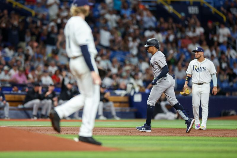 Jul 11, 2024; St. Petersburg, Florida, USA; New York Yankees outfielder Juan Soto (22) runs the bases after hitting a home run against the Tampa Bay Rays in the third inning  at Tropicana Field. Mandatory Credit: Nathan Ray Seebeck-USA TODAY Sports