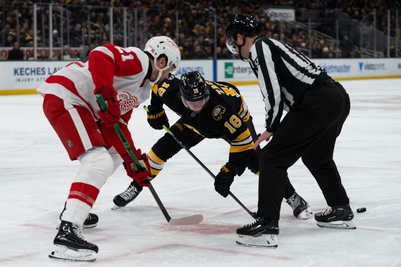 Jan 13, 2026; Boston, Massachusetts, USA; Boston Bruins center Pavel Zacha (18) takes a face-off during the first period against the Detroit Red Wings at TD Garden. Mandatory Credit: Natalie Reid-Imagn Images Jan 13, 2026; Boston, Massachusetts, USA; Boston Bruins center Pavel Zacha (18) takes a face-off during the first period against the Detroit Red Wings at TD Garden. Mandatory Credit: Natalie Reid-Imagn Images
