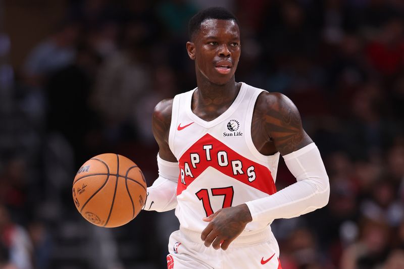 CHICAGO, ILLINOIS - JANUARY 30: Dennis Schroder #17 of the Toronto Raptors dribbles against the Chicago Bulls during the second half at the United Center on January 30, 2024 in Chicago, Illinois. NOTE TO USER: User expressly acknowledges and agrees that, by downloading and or using this photograph, User is consenting to the terms and conditions of the Getty Images License Agreement.  (Photo by Michael Reaves/Getty Images)