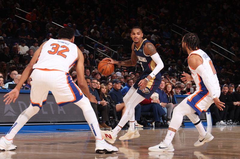 NEW YORK, NY - DECEMBER 1: Dejounte Murray #5 of the New Orleans Pelicans handles the ball during the game against the New York Knicks on December 1, 2024 at Madison Square Garden in New York City, New York.  NOTE TO USER: User expressly acknowledges and agrees that, by downloading and or using this photograph, User is consenting to the terms and conditions of the Getty Images License Agreement. Mandatory Copyright Notice: Copyright 2024 NBAE  (Photo by Nathaniel S. Butler/NBAE via Getty Images)