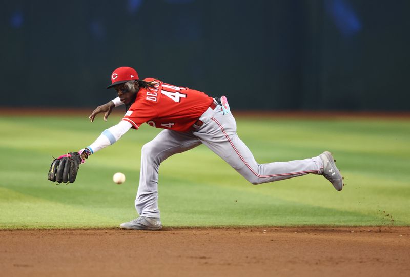 Aug 27, 2023; Phoenix, Arizona, USA; Cincinnati Reds shortstop Elly De La Cruz against the Arizona Diamondbacks at Chase Field. Mandatory Credit: Mark J. Rebilas-USA TODAY Sports