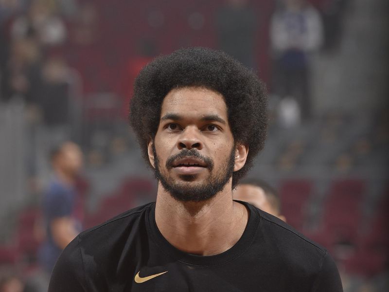 CLEVELAND, OH - MARCH 29: Jarrett Allen #31 of the Cleveland Cavaliers warms up before the game against the Philadelphia 76ers on March 29, 2024 at Rocket Mortgage FieldHouse in Cleveland, Ohio. NOTE TO USER: User expressly acknowledges and agrees that, by downloading and/or using this Photograph, user is consenting to the terms and conditions of the Getty Images License Agreement. Mandatory Copyright Notice: Copyright 2024 NBAE (Photo by David Liam Kyle/NBAE via Getty Images)