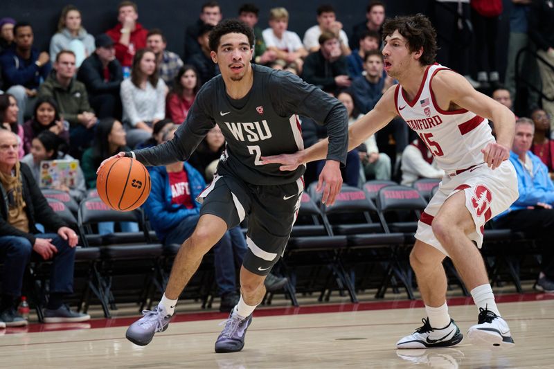 Jan 18, 2024; Stanford, California, USA; Washington State Cougars guard Myles Rice (2) dribbles the ball against Stanford Cardinal guard Benny Gealer (15) during the first half at Maples Pavilion. Mandatory Credit: Robert Edwards-USA TODAY Sports