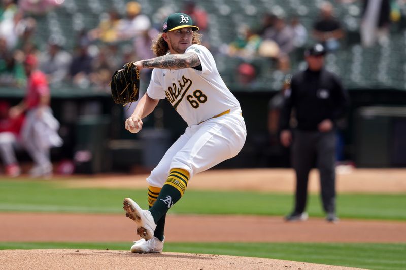 Jul 21, 2024; Oakland, California, USA; Oakland Athletics starting pitcher Joey Estes (68) throws a pitch against the Los Angeles Angels during the first inning at Oakland-Alameda County Coliseum. Mandatory Credit: Darren Yamashita-USA TODAY Sports