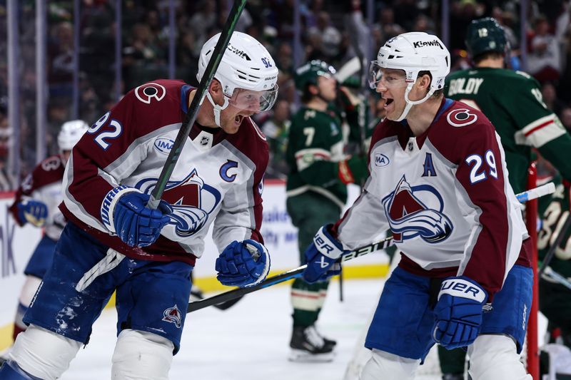 Nov 28, 2025; Saint Paul, Minnesota, USA; Colorado Avalanche left wing Gabriel Landeskog (92) celebrates his goal against the Minnesota Wild during the third period at Grand Casino Arena. Mandatory Credit: Matt Krohn-Imagn Images