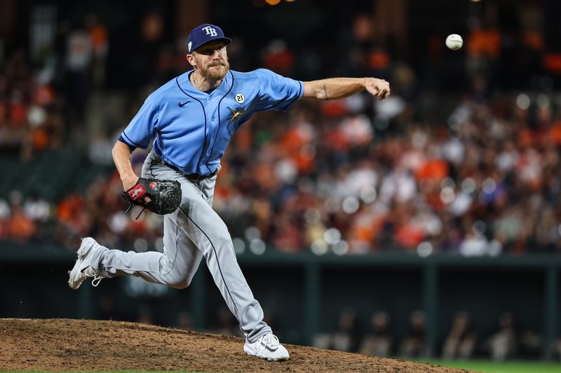 Sep 15, 2023; Baltimore, Maryland, USA; Tampa Bay Rays relief pitcher Jake Diekman (30) pitches against the Baltimore Orioles during the eighth inning at Oriole Park at Camden Yards. Mandatory Credit: Scott Taetsch-USA TODAY Sports