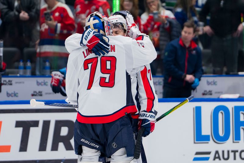 Mar 16, 2024; Vancouver, British Columbia, CAN; Washington Capitals forward TJ Oshie (77) and goalie Charlie Lindgren (79) celebrate thier victory against the Vancouver Canucks at Rogers Arena. Washington won 2 -1. Mandatory Credit: Bob Frid-USA TODAY Sports