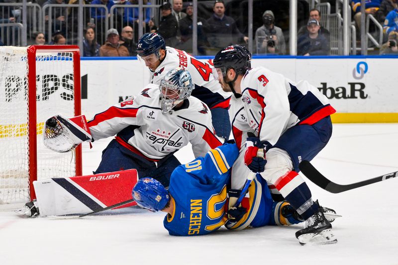 Nov 9, 2024; St. Louis, Missouri, USA;  Washington Capitals goaltender Logan Thompson (48) makes a glove save as he defends the net against St. Louis Blues center Brayden Schenn (10) during the second period at Enterprise Center. Mandatory Credit: Jeff Curry-Imagn Images