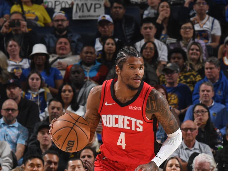 SAN FRANCISCO, CA - APRIL 6: Jalen Green #4 of the Houston Rockets dribbles the ball during the game against the Golden State Warriors on April 6, 2025 at Chase Center in San Francisco, California. NOTE TO USER: User expressly acknowledges and agrees that, by downloading and or using this photograph, user is consenting to the terms and conditions of Getty Images License Agreement. Mandatory Copyright Notice: Copyright 2025 NBAE (Photo by Noah Graham/NBAE via Getty Images)