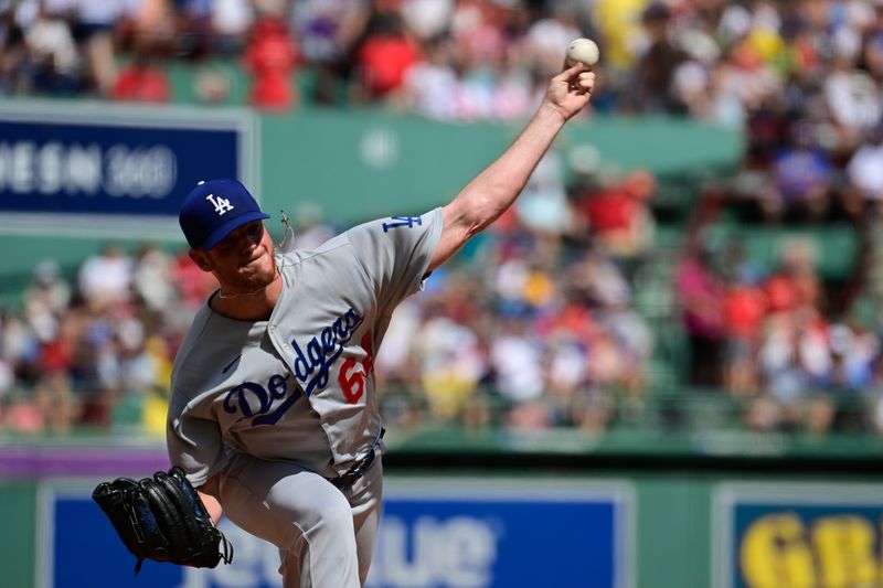 Aug 27, 2023; Boston, Massachusetts, USA; Los Angeles Dodgers starting pitcher Caleb Ferguson (64) pitches against the Boston Red Sox during the first inning at Fenway Park. Mandatory Credit: Eric Canha-USA TODAY Sports