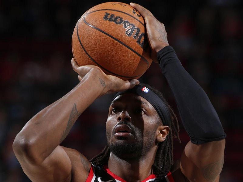 PORTLAND, OR - JANUARY 31:  Jerami Grant #9 of the Portland Trail Blazers shoots a free throw during the game  on January 31, 2024 at the Moda Center Arena in Portland, Oregon. NOTE TO USER: User expressly acknowledges and agrees that, by downloading and or using this photograph, user is consenting to the terms and conditions of the Getty Images License Agreement. Mandatory Copyright Notice: Copyright 2024 NBAE (Photo by Cameron Browne/NBAE via Getty Images)