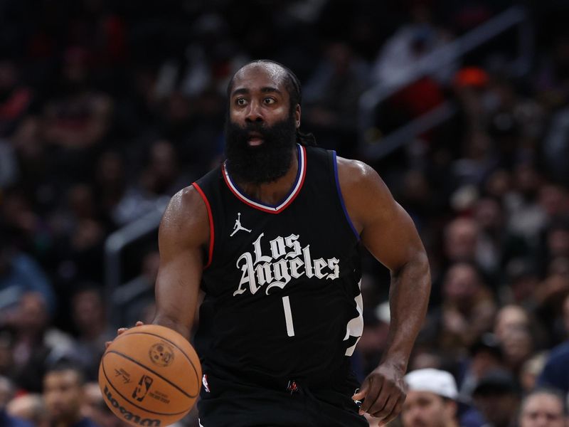 WASHINGTON, DC - JANUARY 31: James Harden #1 of the LA Clippers dribbles against the Washington Wizards at Capital One Arena on January 31, 2024 in Washington, DC. NOTE TO USER: User expressly acknowledges and agrees that, by downloading and or using this photograph, User is consenting to the terms and conditions of the Getty Images License Agreement. (Photo by Patrick Smith/Getty Images)