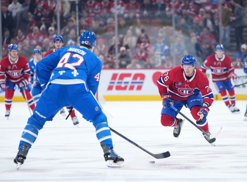 Jan 29, 2026; Montreal, Quebec, CAN; Colorado Avalanche defenseman Josh Manson (42) plays the puck and Montreal Canadiens forward Zack Bolduc (76) forechecks during the first period at the Bell Centre. Mandatory Credit: Eric Bolte-Imagn Images