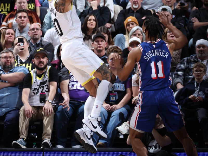 SALT LAKE CITY, UT - FEBRUARY 1: Jordan Clarkson #00 of the Utah Jazz shoots the ball during the game against the Philadelphia 76ers on February 1, 2024 at Delta Center in Salt Lake City, Utah. NOTE TO USER: User expressly acknowledges and agrees that, by downloading and or using this Photograph, User is consenting to the terms and conditions of the Getty Images License Agreement. Mandatory Copyright Notice: Copyright 2024 NBAE (Photo by Melissa Majchrzak/NBAE via Getty Images)