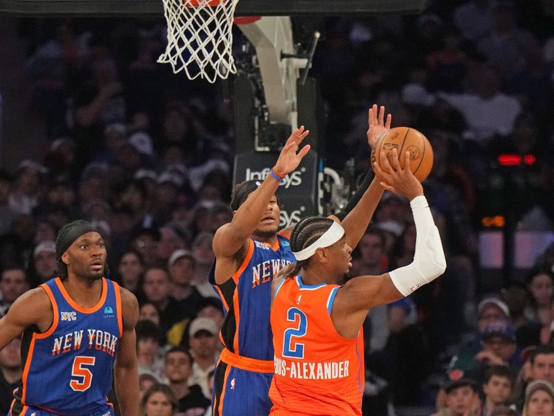 NEW YORK, NY - MARCH 31: Shai Gilgeous-Alexander #2 of the Oklahoma City Thunder passes the ball during the game against the New York Knicks on March 31, 2024 at Madison Square Garden in New York City, New York.  NOTE TO USER: User expressly acknowledges and agrees that, by downloading and or using this photograph, User is consenting to the terms and conditions of the Getty Images License Agreement. Mandatory Copyright Notice: Copyright 2024 NBAE  (Photo by Jesse D. Garrabrant/NBAE via Getty Images)