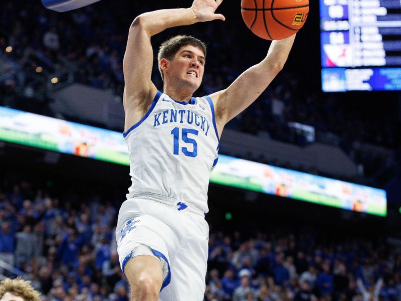 Feb 24, 2024; Lexington, Kentucky, USA; Kentucky Wildcats guard Reed Sheppard (15) dunks the ball during the second half against the Alabama Crimson Tide at Rupp Arena at Central Bank Center. Mandatory Credit: Jordan Prather-USA TODAY Sports