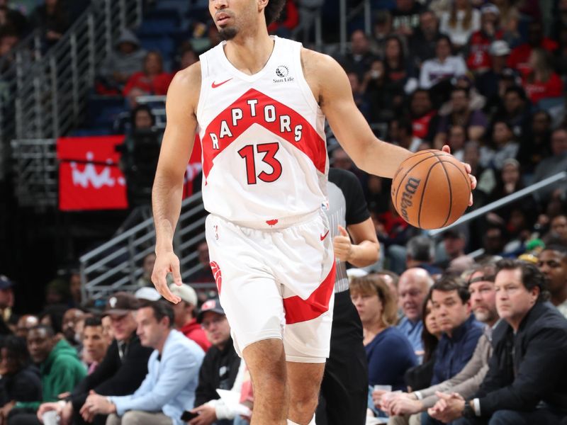 NEW ORLEANS, LA - FEBRUARY 5: Jordan Nwora #13 of the Toronto Raptors dribbles the ball during the game against the New Orleans Pelicans on February 5, 2024 at the Smoothie King Center in New Orleans, Louisiana. NOTE TO USER: User expressly acknowledges and agrees that, by downloading and or using this Photograph, user is consenting to the terms and conditions of the Getty Images License Agreement. Mandatory Copyright Notice: Copyright 2024 NBAE (Photo by Layne Murdoch Jr./NBAE via Getty Images)