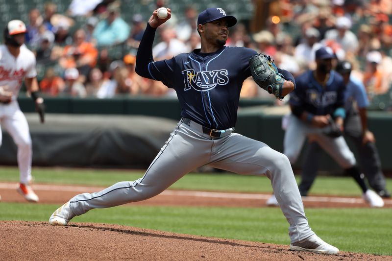Jun 29, 2025; Baltimore, Maryland, USA; Tampa Bay Rays pitcher Taj Bradley (45) throws during the first inning against the Baltimore Orioles at Oriole Park at Camden Yards. Mandatory Credit: Daniel Kucin Jr.-Imagn Images