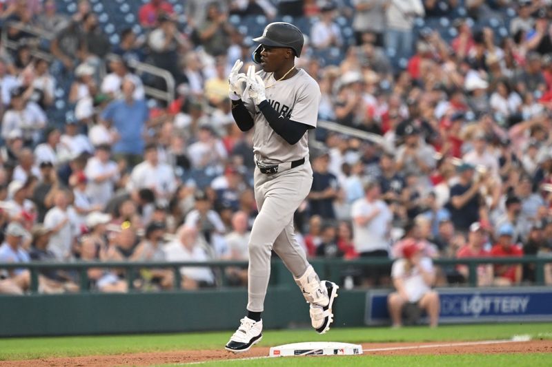 Aug 28, 2024; Washington, District of Columbia, USA; New York Yankees third baseman Jazz Chisholm Jr. (13) gestures after hitting a home run against the Washington Nationals during the second inning at Nationals Park. Mandatory Credit: Rafael Suanes-USA TODAY Sports