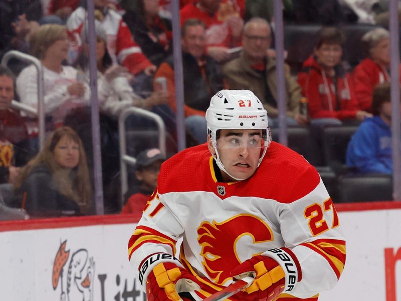 Oct 22, 2023; Detroit, Michigan, USA;  Calgary Flames right wing Matt Coronato (27) skates in the first period against the Detroit Red Wings at Little Caesars Arena. Mandatory Credit: Rick Osentoski-USA TODAY Sports