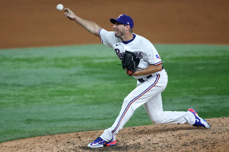 Aug 14, 2023; Arlington, Texas, USA; Texas Rangers starting pitcher Max Scherzer (31) pitches against the Los Angeles Angels in the fifth inning at Globe Life Field. Mandatory Credit: Tim Heitman-USA TODAY Sports