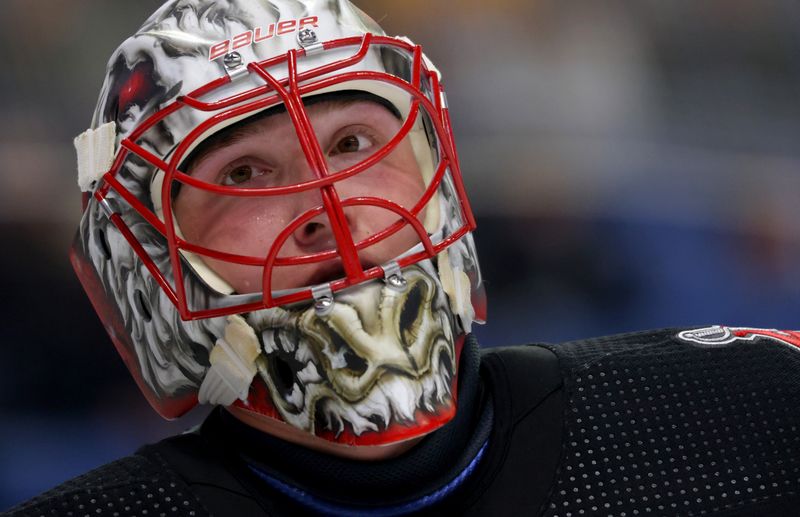 Feb 6, 2024; Buffalo, New York, USA;  Buffalo Sabres goaltender Ukko-Pekka Luukkonen (1) during a stoppage in play against the Dallas Stars in the first period at KeyBank Center. Mandatory Credit: Timothy T. Ludwig-USA TODAY Sports