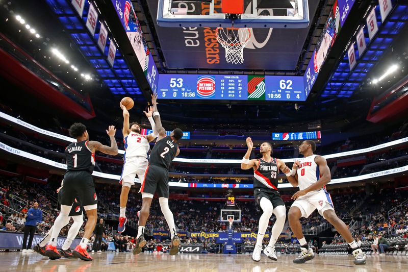 DETROIT, MI - JANUARY 06: Cade Cunningham #2 of the Detroit Pistons shoots the ball during the game against the Portland Trail Blazers on January 06, 2025 at Little Caesars Arena in Detroit, Michigan. NOTE TO USER: User expressly acknowledges and agrees that, by downloading and/or using this photograph, User is consenting to the terms and conditions of the Getty Images License Agreement. Mandatory Copyright Notice: Copyright 2024 NBAE (Photo by Brian Sevald/NBAE via Getty Images)