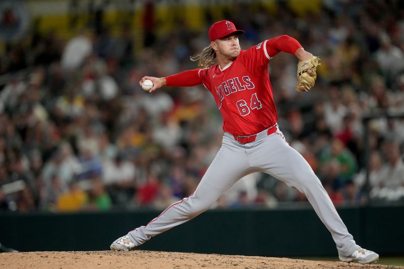 May 21, 2025; West Sacramento, California, USA; Los Angeles Angels pitcher Shaun Anderson (64) delivers a pitch against the Athletics in the fifth inning at Sutter Health Park. Mandatory Credit: Cary Edmondson-Imagn Images