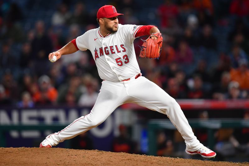 Apr 23, 2024; Anaheim, California, USA; Los Angeles Angels pitcher Carlos Estévez (53) throws against the Baltimore Orioles during the ninth inning at Angel Stadium. Mandatory Credit: Gary A. Vasquez-USA TODAY Sports
