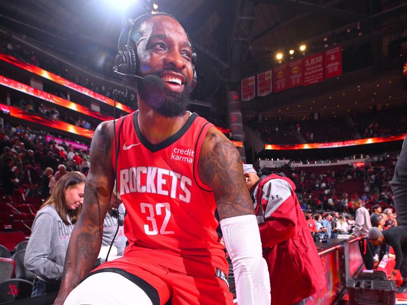 HOUSTON, TX - MARCH 21:   Jeff Green #32 of the Houston Rockets is interviewed by the media after the game against the Chicago Bulls on March 21, 2024 at the Toyota Center in Houston, Texas. NOTE TO USER: User expressly acknowledges and agrees that, by downloading and or using this photograph, User is consenting to the terms and conditions of the Getty Images License Agreement. Mandatory Copyright Notice: Copyright 2024 NBAE (Photo by Logan Riely/NBAE via Getty Images)