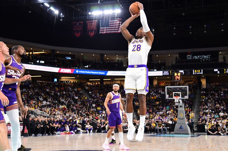 LOS ANGELES, CA - OCTOBER 6: Rui Hachimura #28 of the Los Angeles Lakers shoots the ball during the game against the Phoenix Suns on October 6, 2024 at Acrisure Arena in Palm Springs, California. NOTE TO USER: User expressly acknowledges and agrees that, by downloading and/or using this Photograph, user is consenting to the terms and conditions of the Getty Images License Agreement. Mandatory Copyright Notice: Copyright 2024 NBAE (Photo by Adam Pantozzi/NBAE via Getty Images)