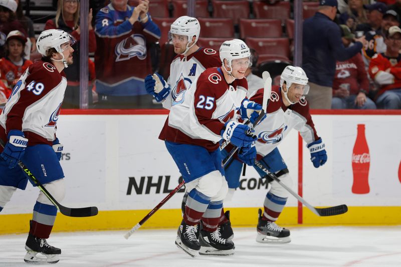 Feb 11, 2023; Sunrise, Florida, USA; Colorado Avalanche right wing Logan O'Connor (25) reacts after scoring during the first period against the Florida Panthers at FLA Live Arena. Mandatory Credit: Sam Navarro-USA TODAY Sports