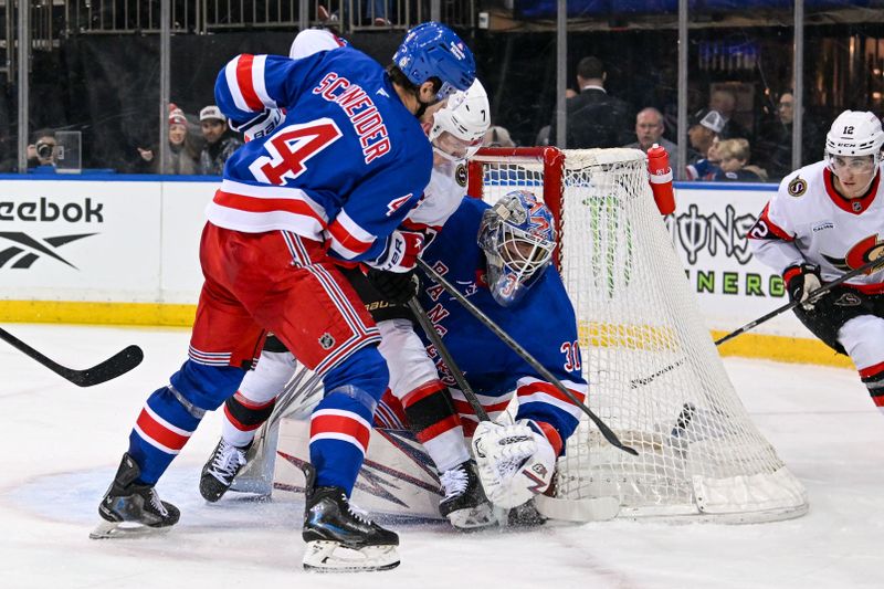 Jan 21, 2025; New York, New York, USA;  Ottawa Senators left wing Brady Tkachuk (7) skates into New York Rangers goaltender Igor Shesterkin (31) during the third period at Madison Square Garden. Mandatory Credit: Dennis Schneidler-Imagn Images