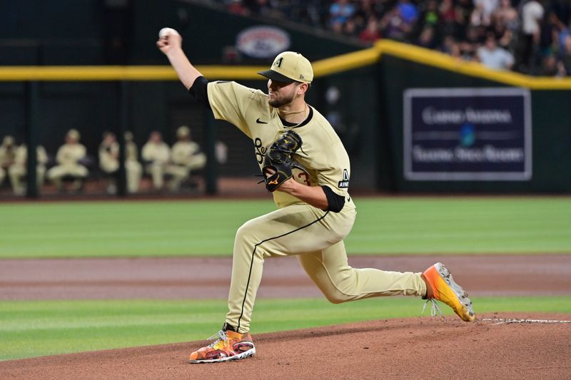 May 14, 2024; Phoenix, Arizona, USA;  Arizona Diamondbacks pitcher Slade Cecconi (43) pitches in the first inning against the Cincinnati Reds at Chase Field. Mandatory Credit: Matt Kartozian-USA TODAY Sports