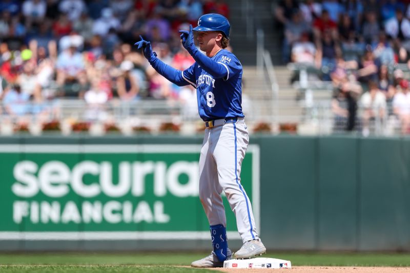May 25, 2025; Minneapolis, Minnesota, USA; Kansas City Royals center fielder Drew Waters (8) celebrates his double against the Minnesota Twins during the seventh inning at Target Field. Mandatory Credit: Matt Krohn-Imagn Images