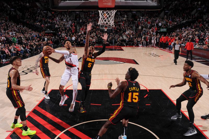 PORTLAND, OR - MARCH 13:  Anfernee Simons #1 of the Portland Trail Blazers goes to the basket during the game on March 13, 2024 at the Moda Center Arena in Portland, Oregon. NOTE TO USER: User expressly acknowledges and agrees that, by downloading and or using this photograph, user is consenting to the terms and conditions of the Getty Images License Agreement. Mandatory Copyright Notice: Copyright 2024 NBAE (Photo by Cameron Browne/NBAE via Getty Images)