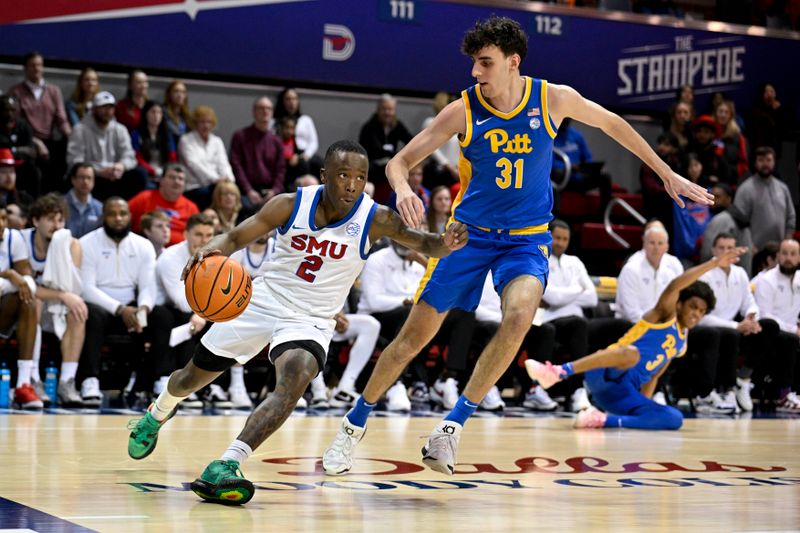 Feb 11, 2025; Dallas, Texas, USA; Southern Methodist Mustangs guard Boopie Miller (2) moves the ball past Pittsburgh Panthers forward Jorge Diaz Graham (31) during the second half at Moody Coliseum. Mandatory Credit: Jerome Miron-Imagn Images